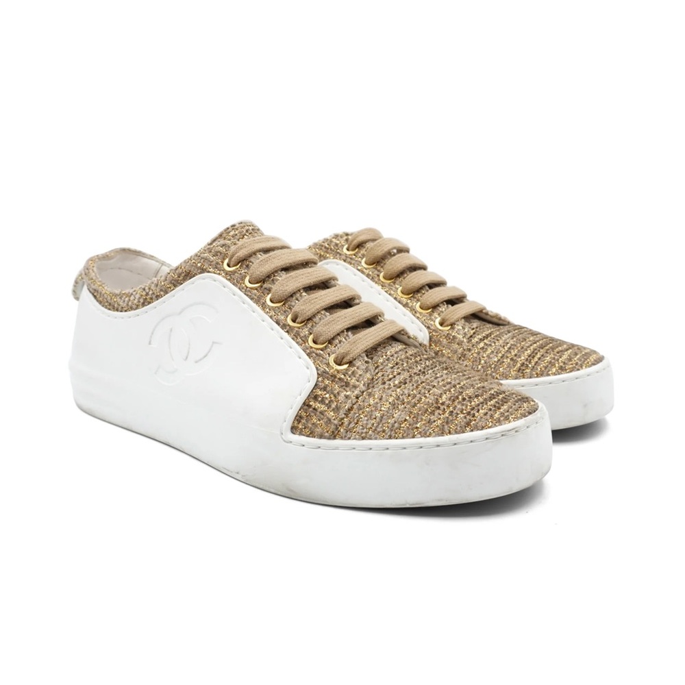 Chanel Tan and White Sneakers with Woven Texture